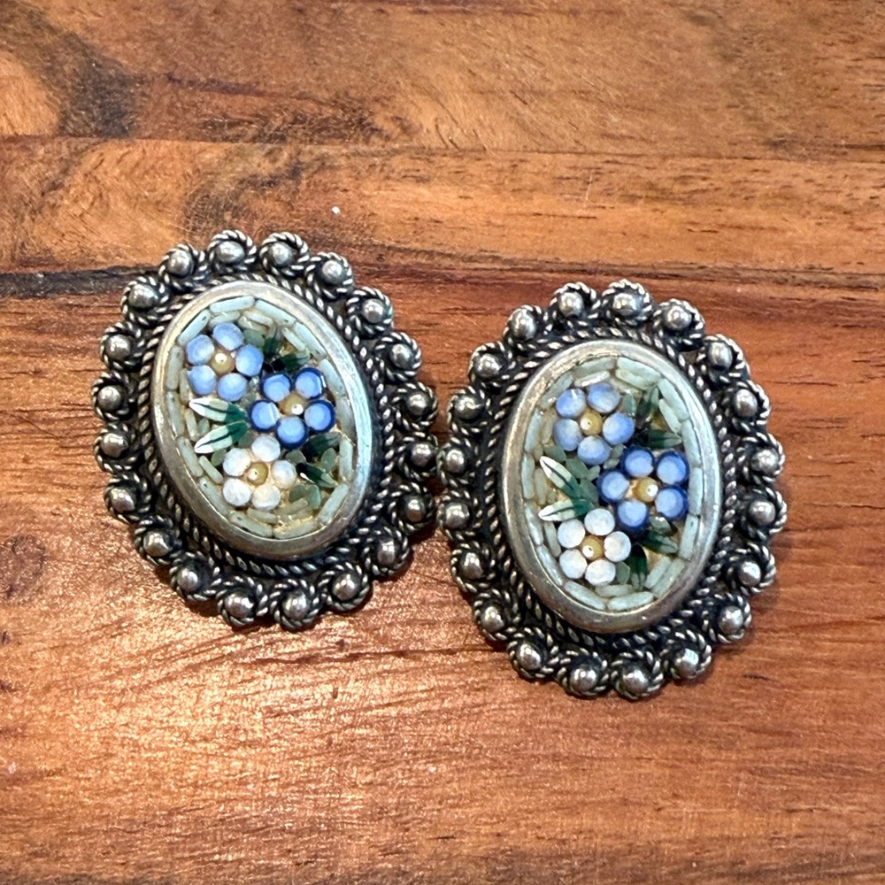 Vintage micro-mosaic  silver clip on earrings